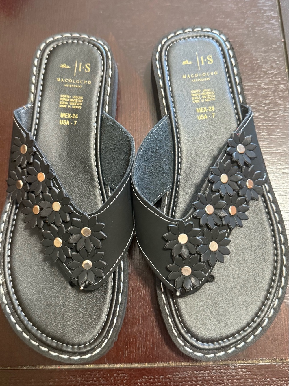 New Mexican leather Black Floral Slide Sandals - Women's